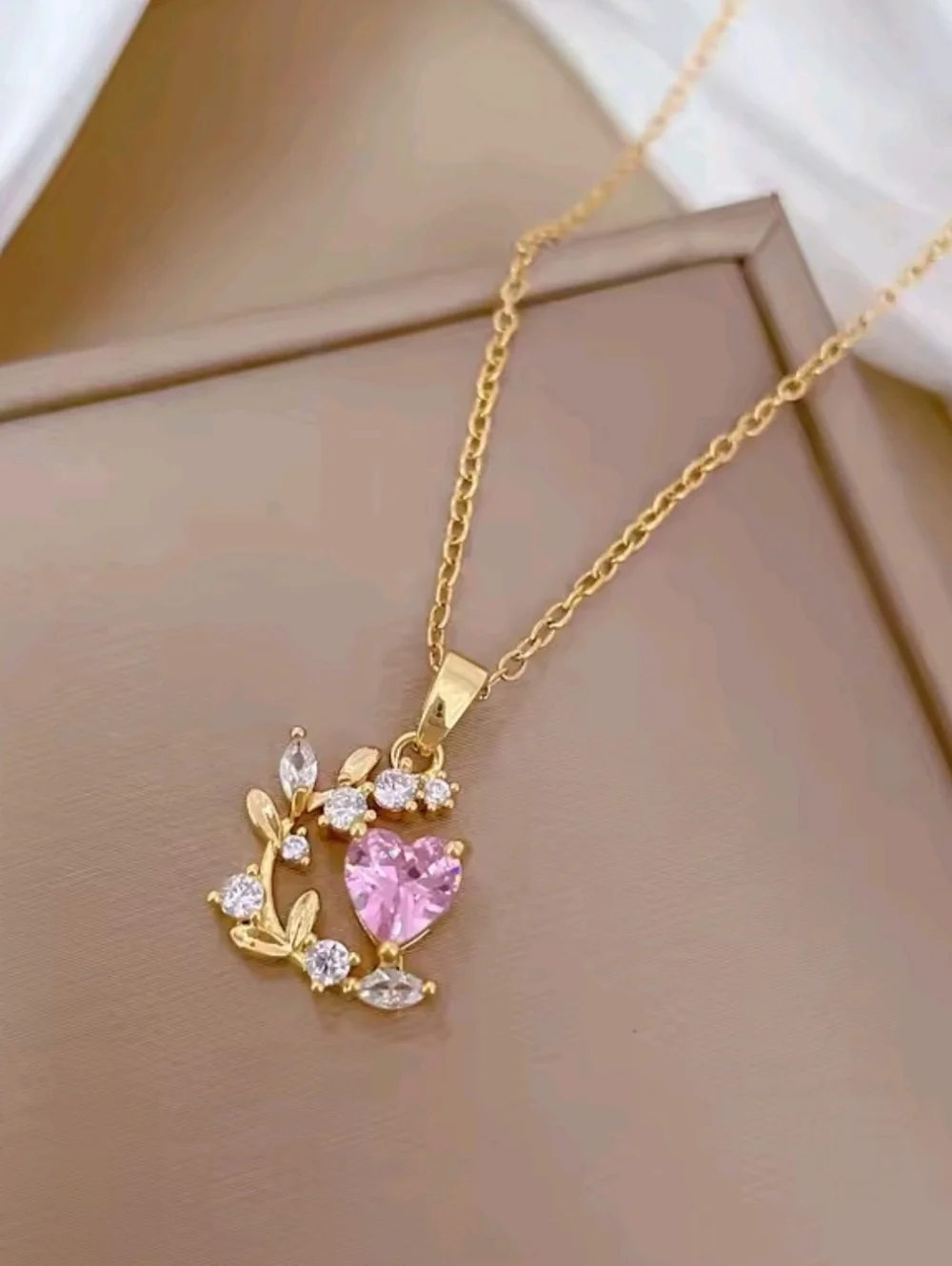 Dainty Gold Heart & Leaf Pendant Necklace Pink Crystal Jewelry